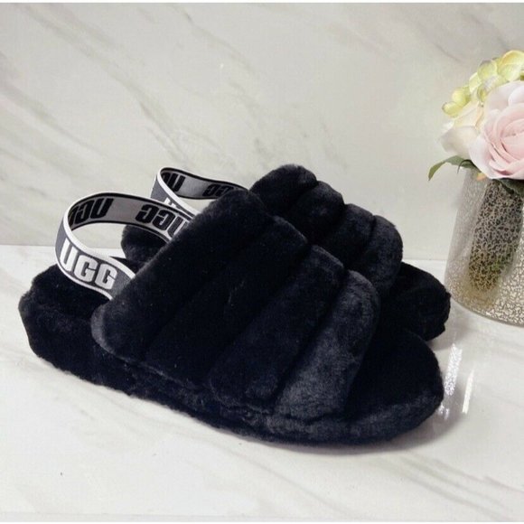 UGG Fluff Yeah Genuine Shearling Platform Slingback Sandal Slide Black US 7 - Picture 3 of 10